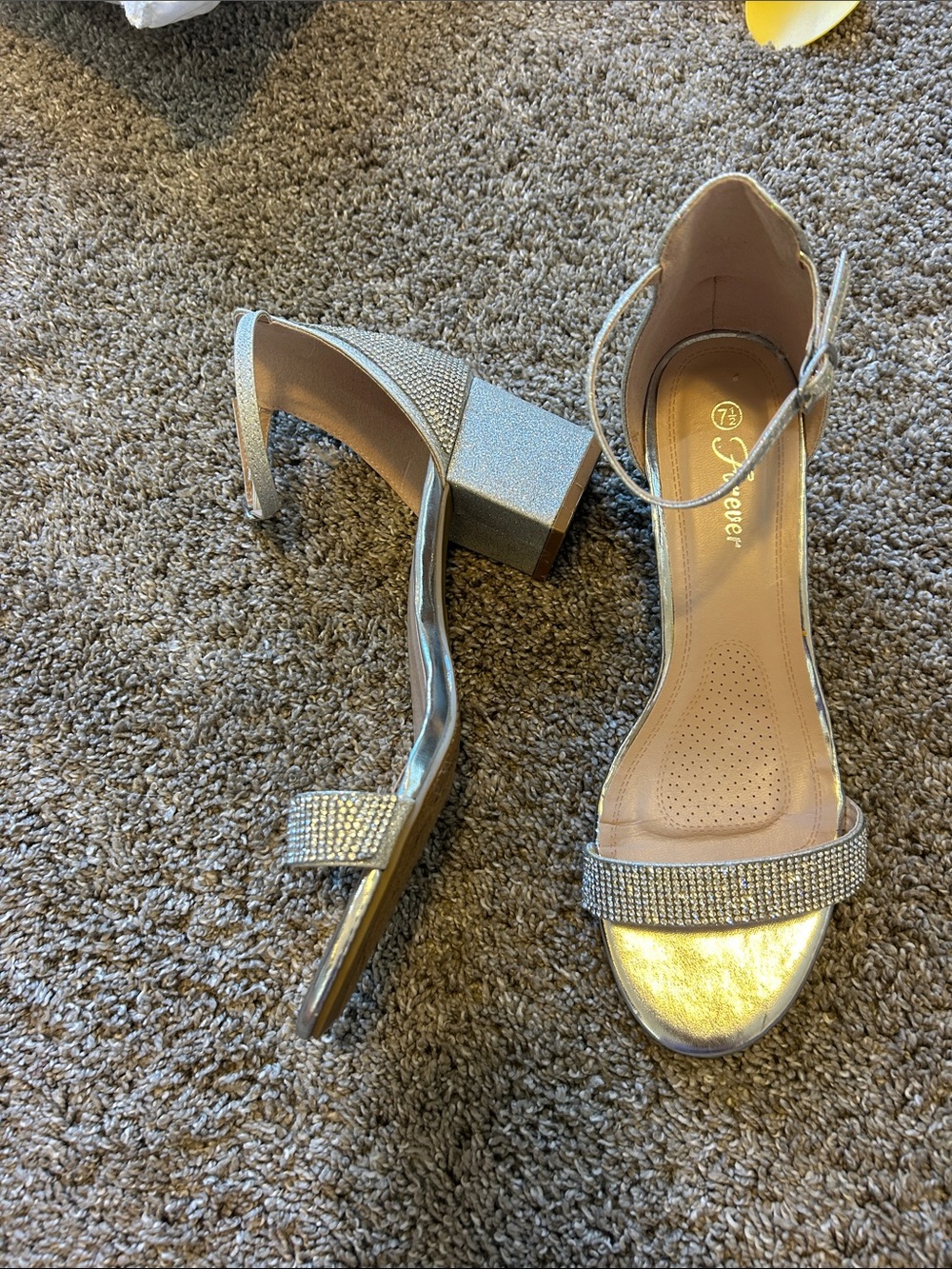 Silver Rhinestone Block Heel Sandals with Ankle Strap